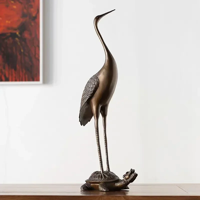 Antique brass turtle and crane model engraved metal desktop gifts, home living room office New Year