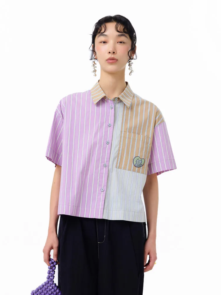 

MOVEUP Casual Short Sleeves Shirt 2026 Summer New Contrasting Striped Fun Cartoon Embroidered Pocket Shirt For Women 325220412