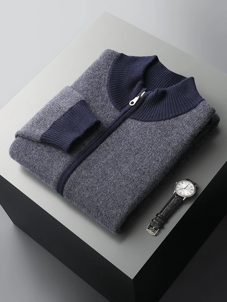 High Quality Men Winter Thick Cashmere Cardigan Mock Neck Zipper Sweater 100% Cashmere Knitwear Smart Casual Soft Warm Clothing