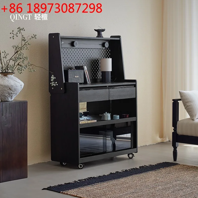 

Легкий сандаловый деревянный средневековый передвижной обеденный боковой шкаф из цельного дерева с диваном на колесах, встроенный шкафчик для кофе и чая