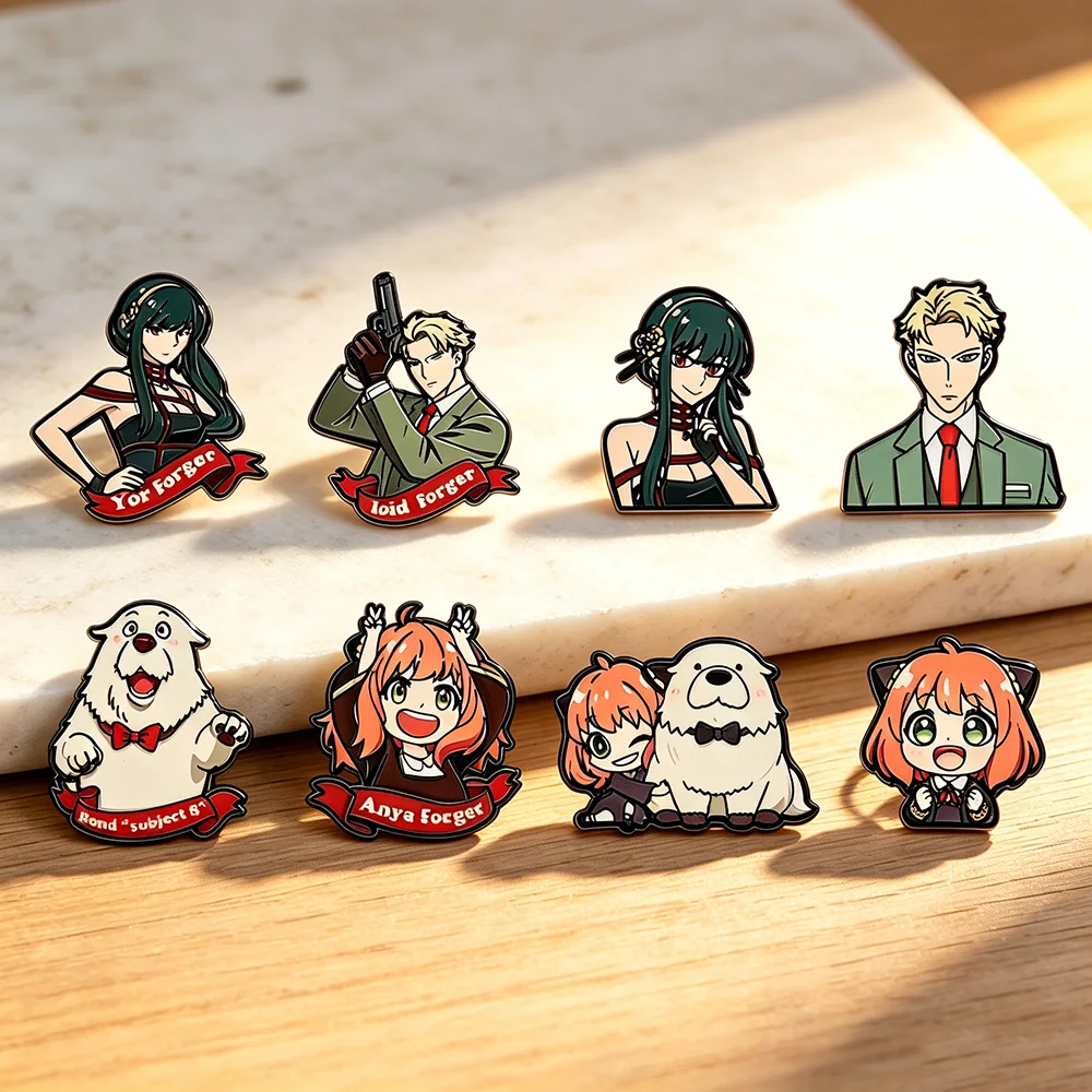 8Pcs Spy Family Inspired Enamel Pins Set Cartoon Chibi Character Metal Lapel Brooches Collectible Pin Jewelry Gift for Fans