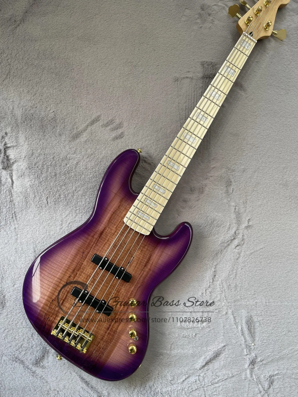 5 strings purple bass guitar, Spalted maple top solid wood body, golden fixed bridge, maple fingerboard, active line