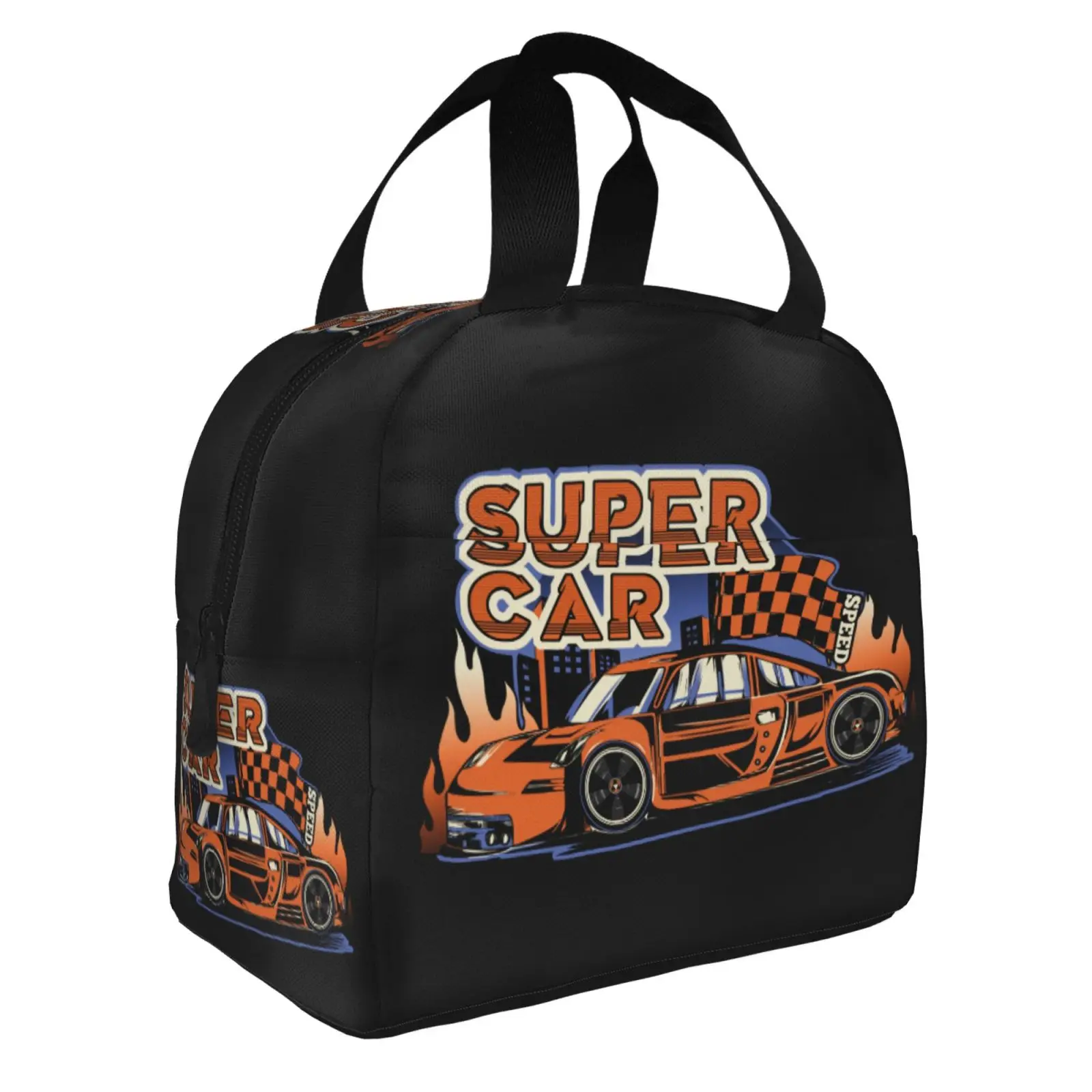 

Retro Racing Insulated Lunch Box Handbags Back To School Print Insulation Cooler Bento Pouch School Student Kids Women Lunch Bag