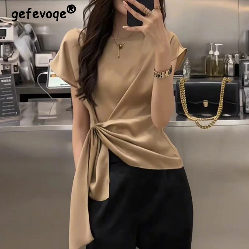 Women\'s Korean Fashion Lace Up Asymmetrical Designer Blouse Office Lady Luxury Elegant Shirt Short Sleeve Solid Slim Tops Blusas