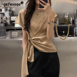 Women's Korean Fashion Lace Up Asymmetrical Designer Blouse Office Lady Luxury Elegant Shirt Short Sleeve Solid Slim Tops Blusas