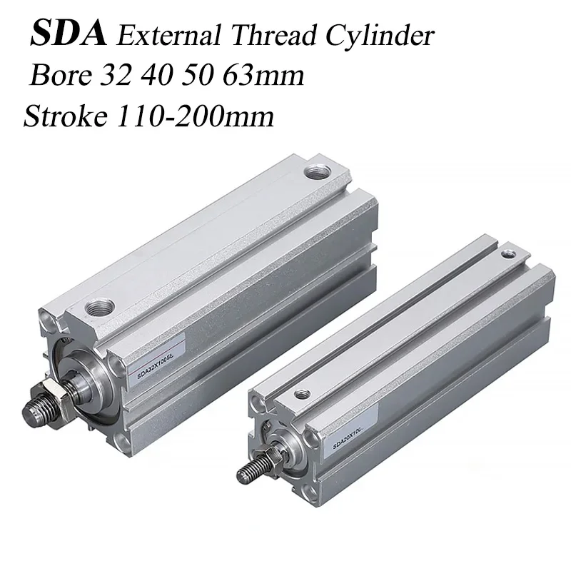 HLH SDA External Thread Cylinder Thin Pneumatic Cylinder High Thrust Bore 32/40/50/63-Long Stroke110 120 125 130 140 150 200 Dur