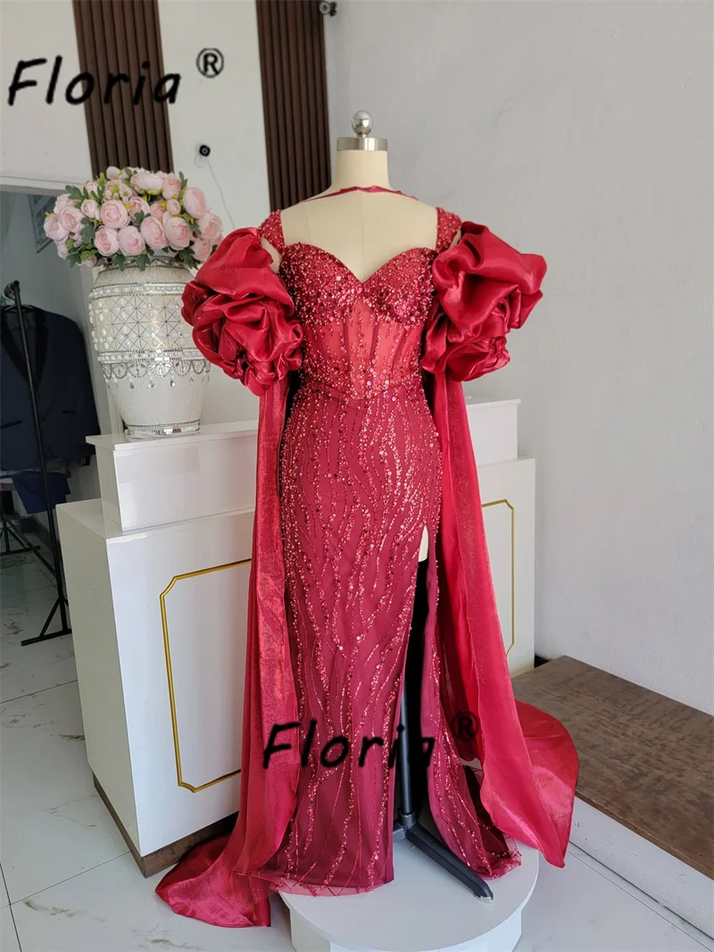 Burgundy Mermaid Evening Gown With Detachable Puffy Satin Cape Rhinestone Beaded Formal Banquet Pageant Party Dress Customzied