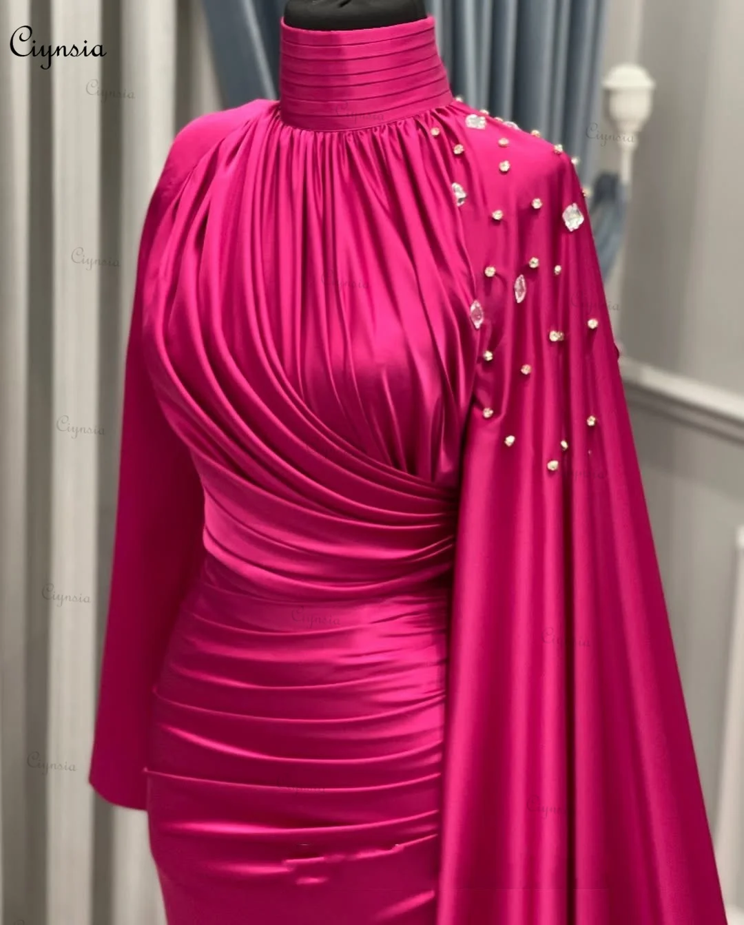 Customized Abendkleider Muslim Formal Dress 2025 Mermaid Full Sleeves Evening Gowns for Women Crystal Silk Satin Robes De Soirée