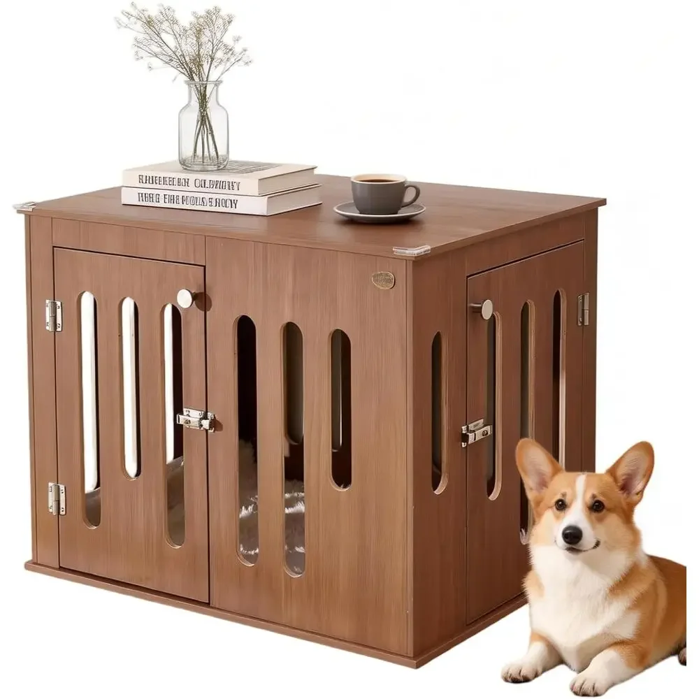 32 Inch Multi-Functional Dog Crate for Medium Small Dogs, Quick-Release Door, Waterproof, Solid Wood in Walnut, TV Stand & Side