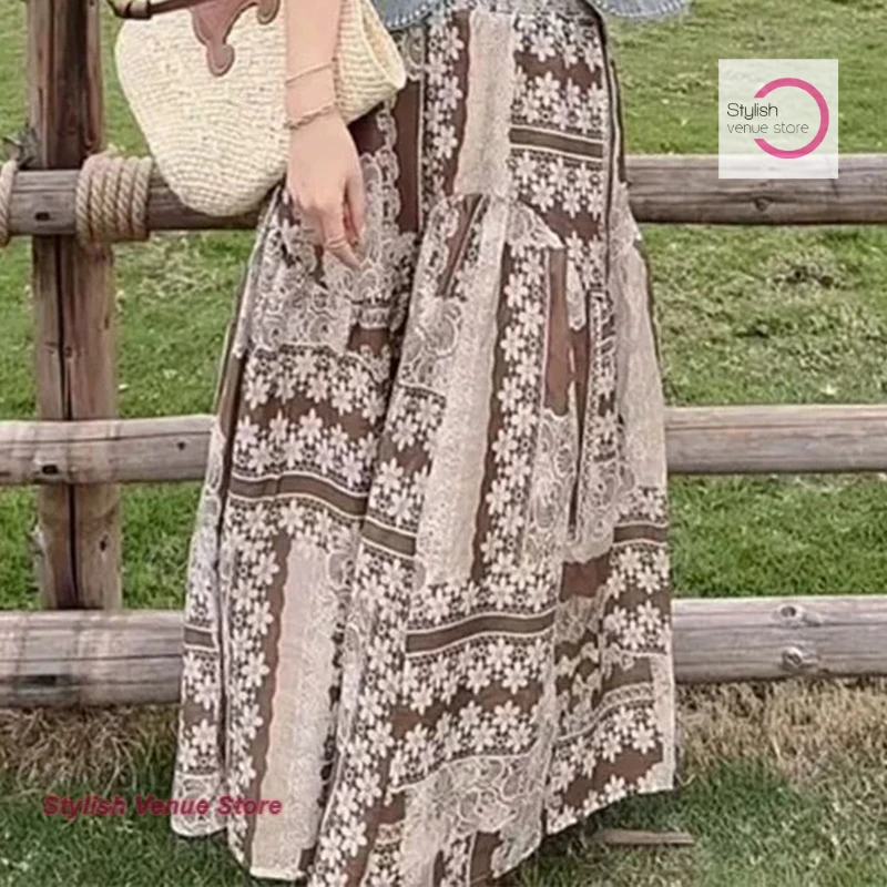

Korean retro ethnic style stitching design floral skirt women's summer new loose chiffon printing casual thin A-line skirt
