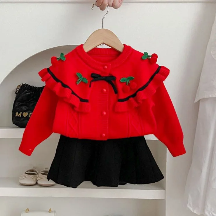 Girl\'s Knitted Skirt Set Autumn/Winter New Baby Knitted Shirt Coat Short Skirt Two piece Set Cute Cherry Print New Year Clothes