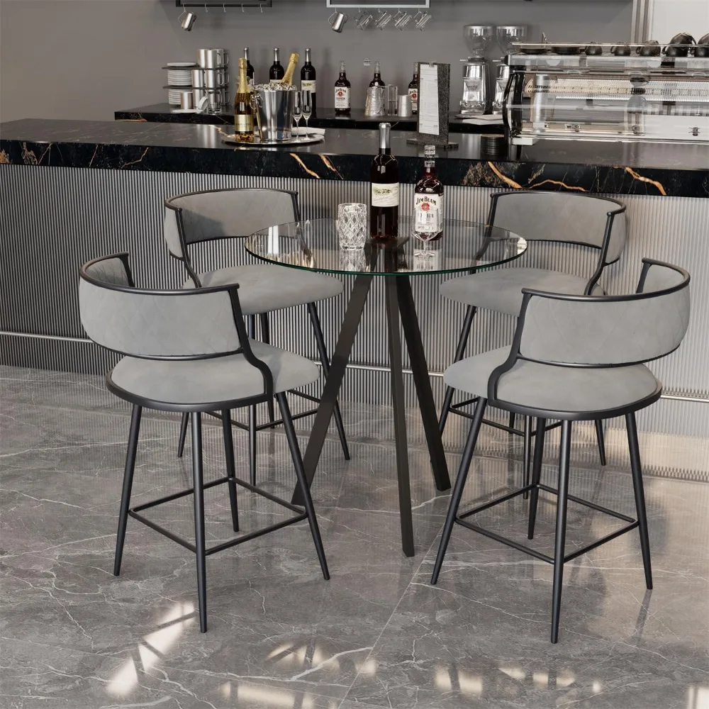 

Round Bistro Table and Chairs Set for 4, Clear Small Round High Top Bar Table and 4 Faux Leather Counter Height Padded Stools