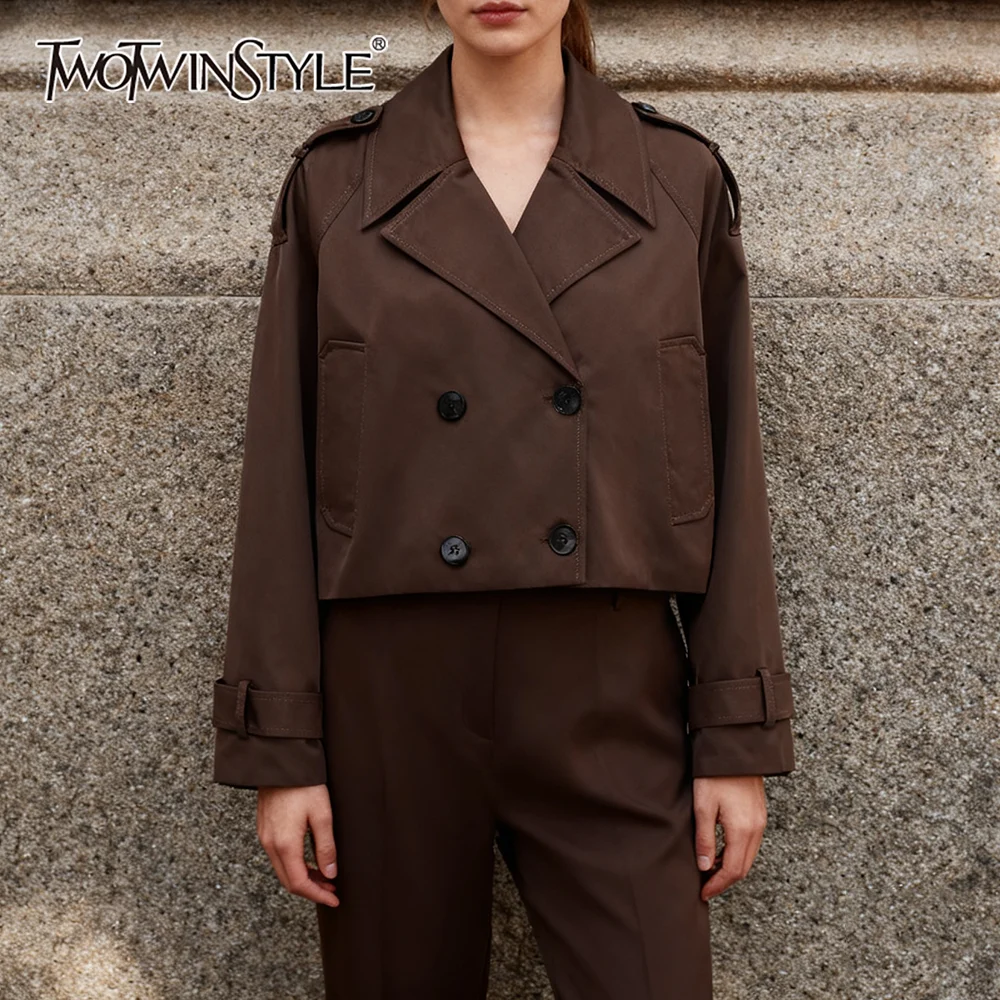 

TWOTWINSTYLE Autumn Brown Basics Jacket for Woman Lapel Long Sleeve Patchwork Double Breasted Casual Coats Female 2025 Clothing