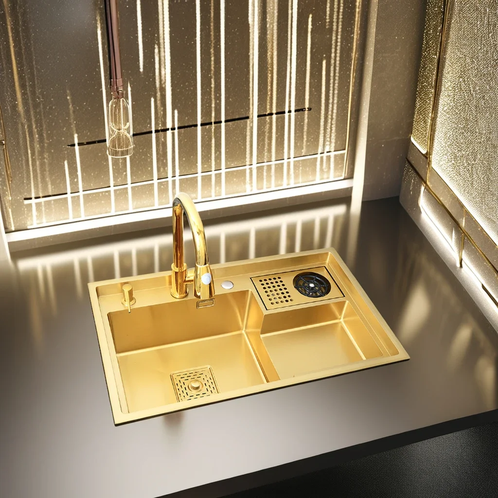 2024 Luxurious Villa Department Gold 304 Stainless Steel Kitchen Sink,Mater Utility Sink with Cup Wash