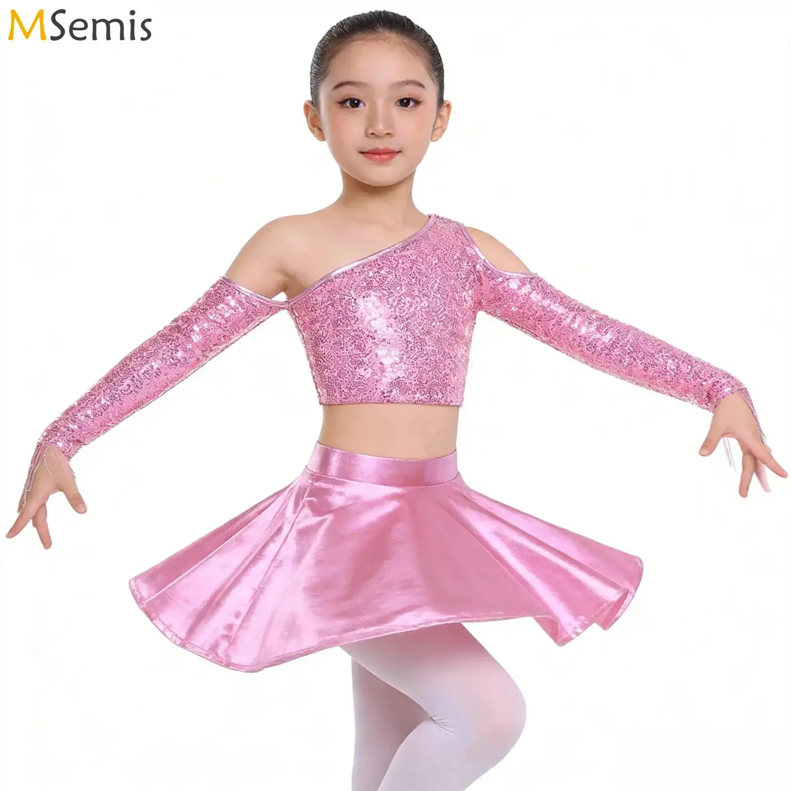 

Детский блестящий металлический костюм для хип-хопа и джазовых танцев для девочек: укороченный топ с бахромой и пайетками, плиссированная юбка А-силуэта с высокой талией, сценический костюм