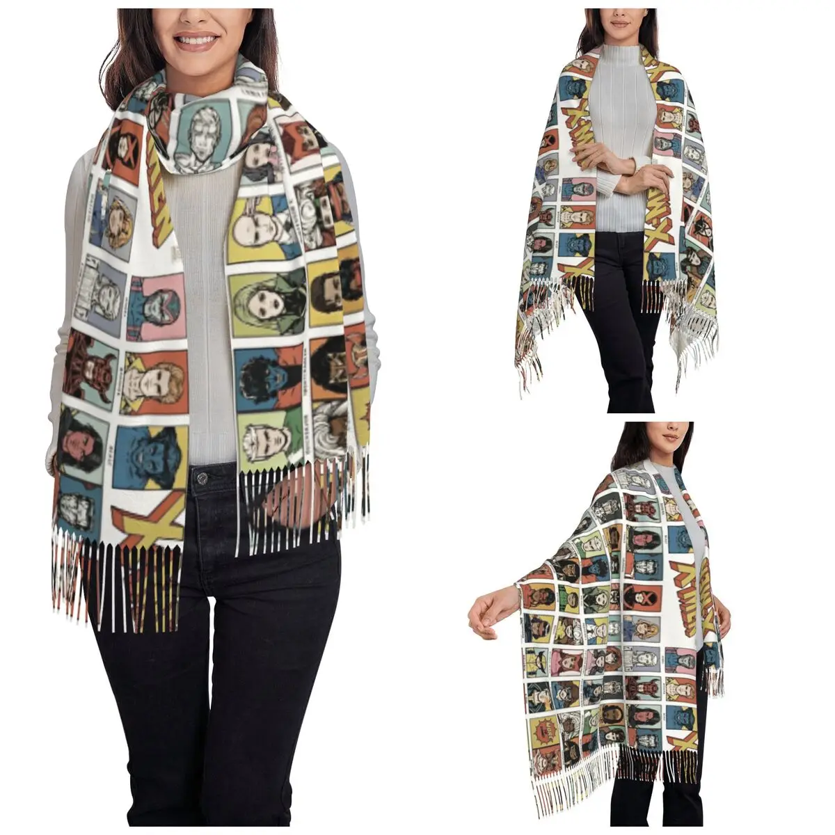 Womens Scarf with Tassel X-Men Charaters Wolverine Long Winter Warm Shawl Wrap Xmen Group Gifts Pashmina Scarves