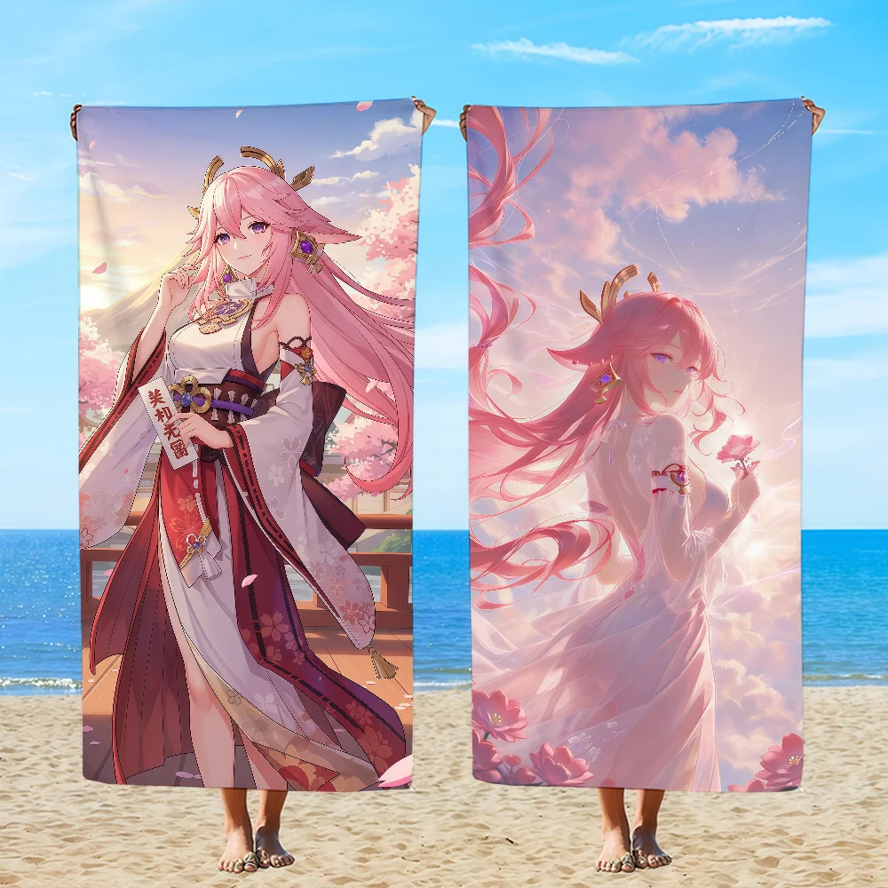 Y-Yae Miko Genshin Impact Towel Textile Bathrobe Beach Quick-Drying Lightweight Portable Camping Swim Pool Travel