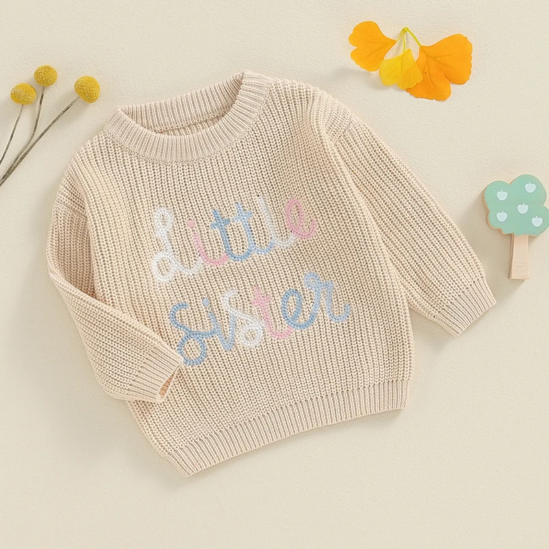 

VISgogo Baby Girl Knitted Sweater Colorful Letter Embroidery Warm Long Sleeve Pullover Knitwear for Toddler Fall Casual Clothes