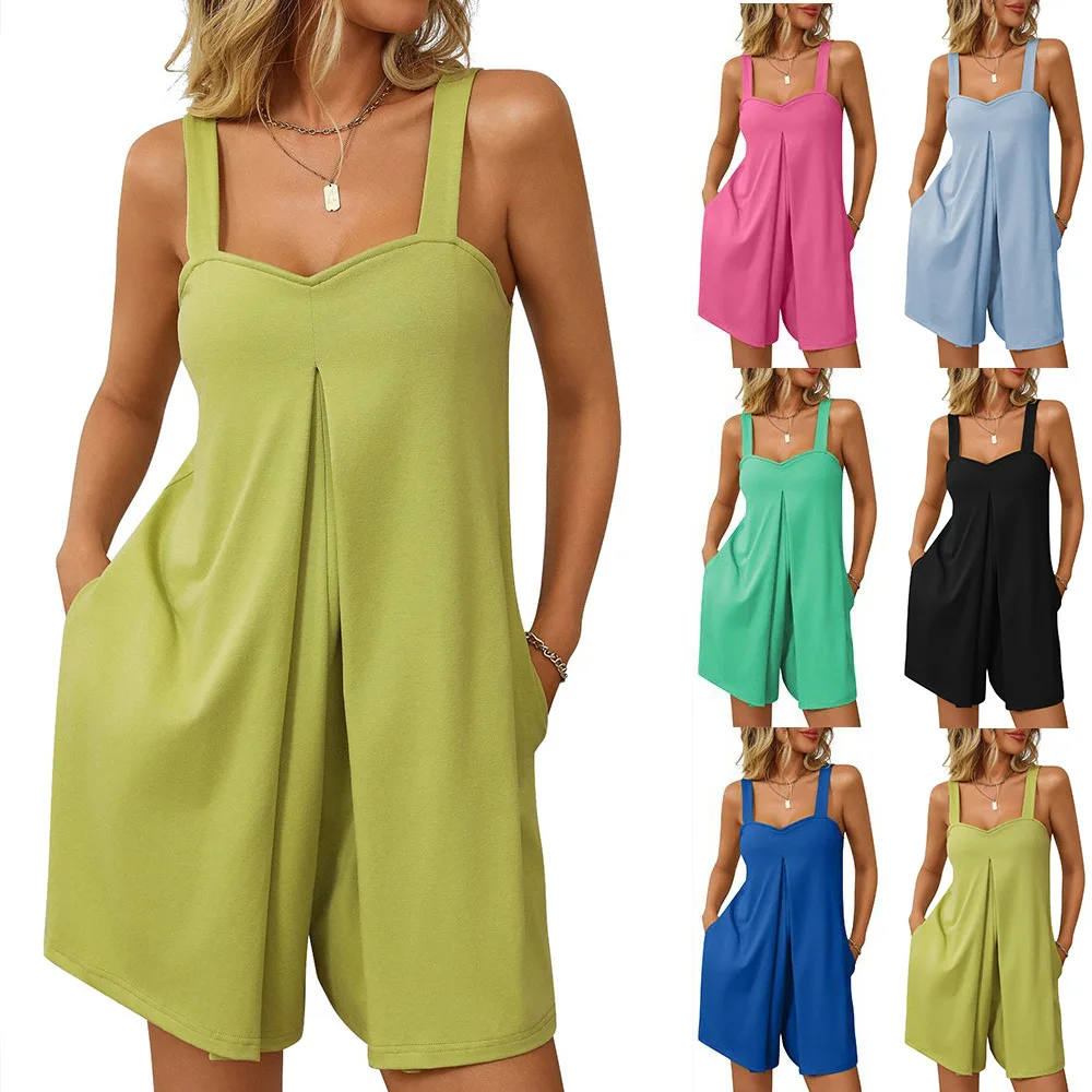 

Women Summer Short Jumpsuits and Rompers Spaghetti Straps Casual Loose Pockets Playsuits