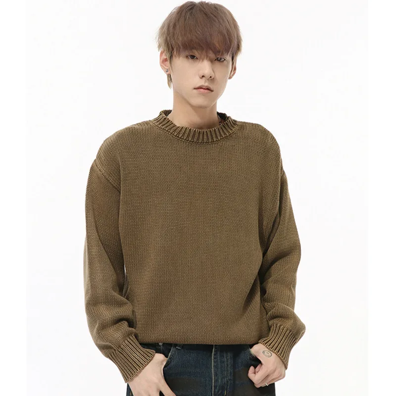 SYUHGFA Korean Style Men's Sweaters Casual Round Collar Solid Color Loose Pullover Tops New Trendy Male Knits 2024 Winter