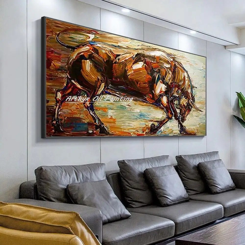 Arthyx,Modern Decorative Pop Art,Handpainted Abstract Animal Bull Oil Painting On Canvas,Wall Picture For Living Room Home Decor