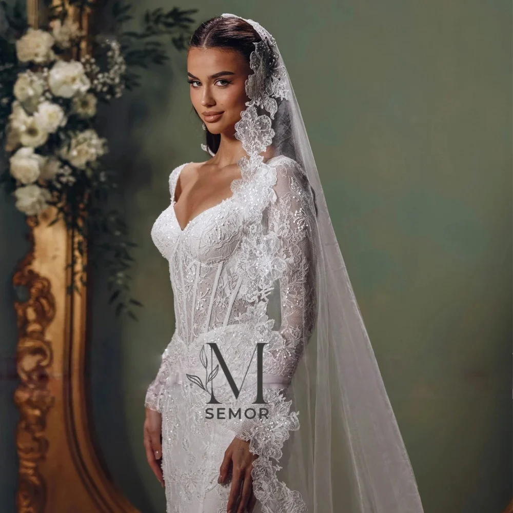 Semor Customized Mermaid Lace Wedding Dresses Illusion Long Sleeves Pearls Beaded Bridal Dress with Court Train Saudi Arabia image 2