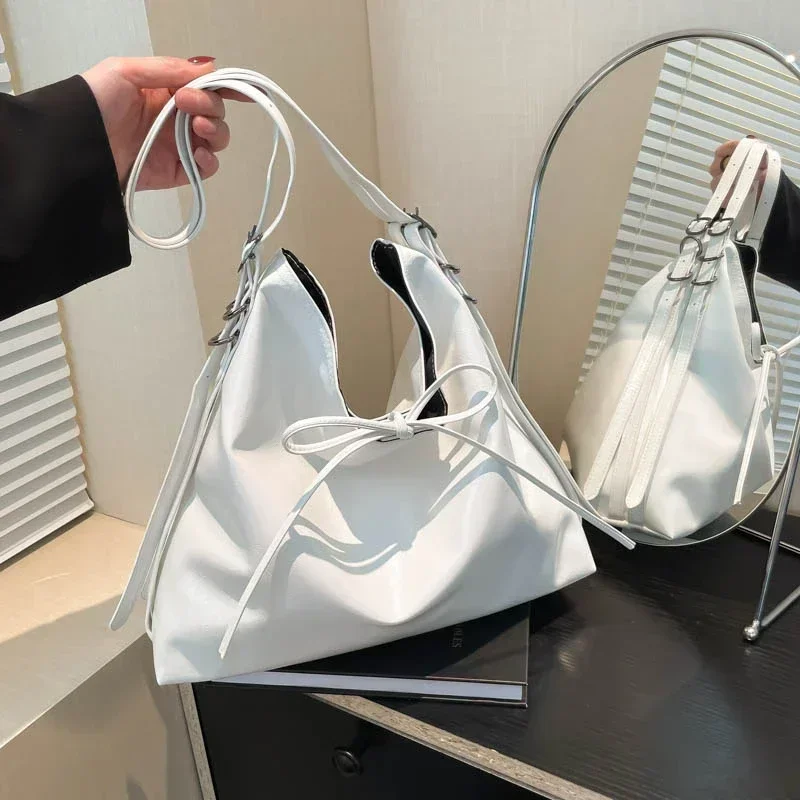 PU Bow 2024 High Quality Tote Bag Buckle Solid Color Fashion Women's Handbag High Appearance Soft Simple Versatile Shoulder Bag