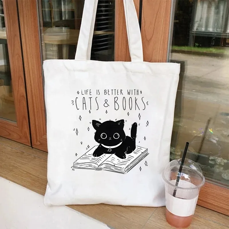 

Women Canvas Tote Bag Life Is Better with Cats & Books Reuseable Shopping Totebags Student Literary Book Handbag Shoulder Bags
