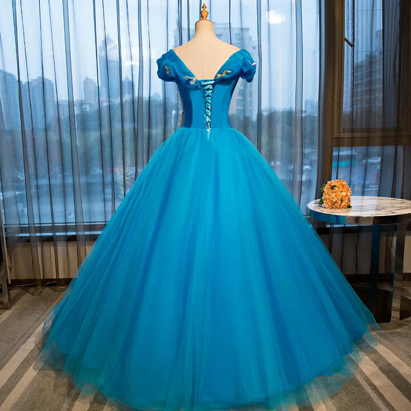 Vestido de baile de quinceañera Simple azul, vestido de baile de Cenicienta, dulce y elegante, hombros descubiertos, largo hasta el suelo, hecho a medida, nuevo, 2023