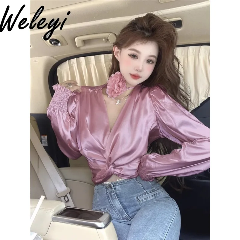 

Super Popular Ropa Mujer Tops Autumn Versatile New Light Ripe Wind V-neck Short Bubble Sleeve Rose Flower Long Sleeve Slim Shirt