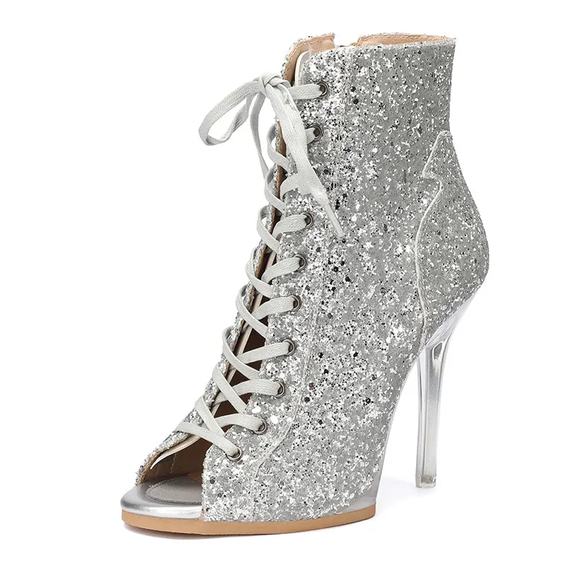 Silver Shiny Platform Pump Dance Shoes Transparent Heel 11.5cm High Dance Heels With Platform Leather Outdoor Dance Shoes