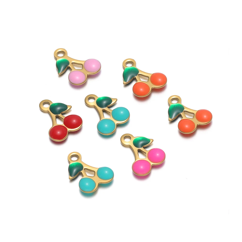 20pcs Enamel Cherry Charms Stainless Steel 10x7.5mm Necklace Pendants for DIY Jewelry Making Earrings Bracelets Findings Bulk
