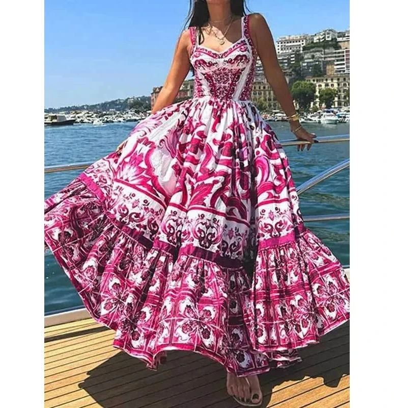 Novedad de verano, vestido sin mangas estampado a la moda para mujer, ropa de calle, vestidos plisados elegantes con cuello Halter, ropa femenina