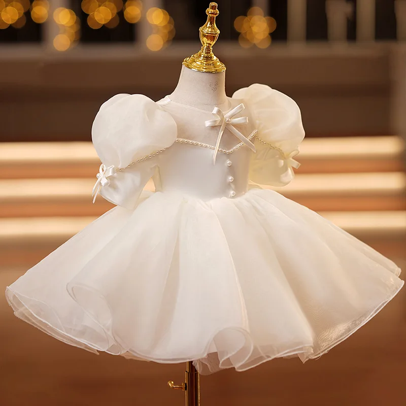 New Puff Sleeve Bow Baby Girl Tutu Dress for Party Wedding Princess 1st Birthday Baby Girl Prom Dress Pearl Toddler Girls Dress