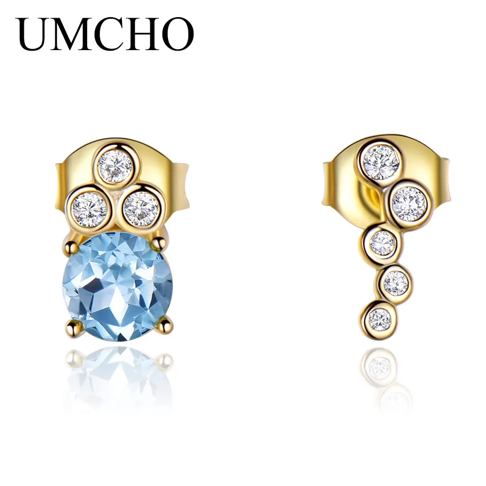 

UMCHO 925 Sterling Silver Natural Sky Blue Topaz Stud Earrings For Women Wedding Engagement Party Gift Fine Jewelry