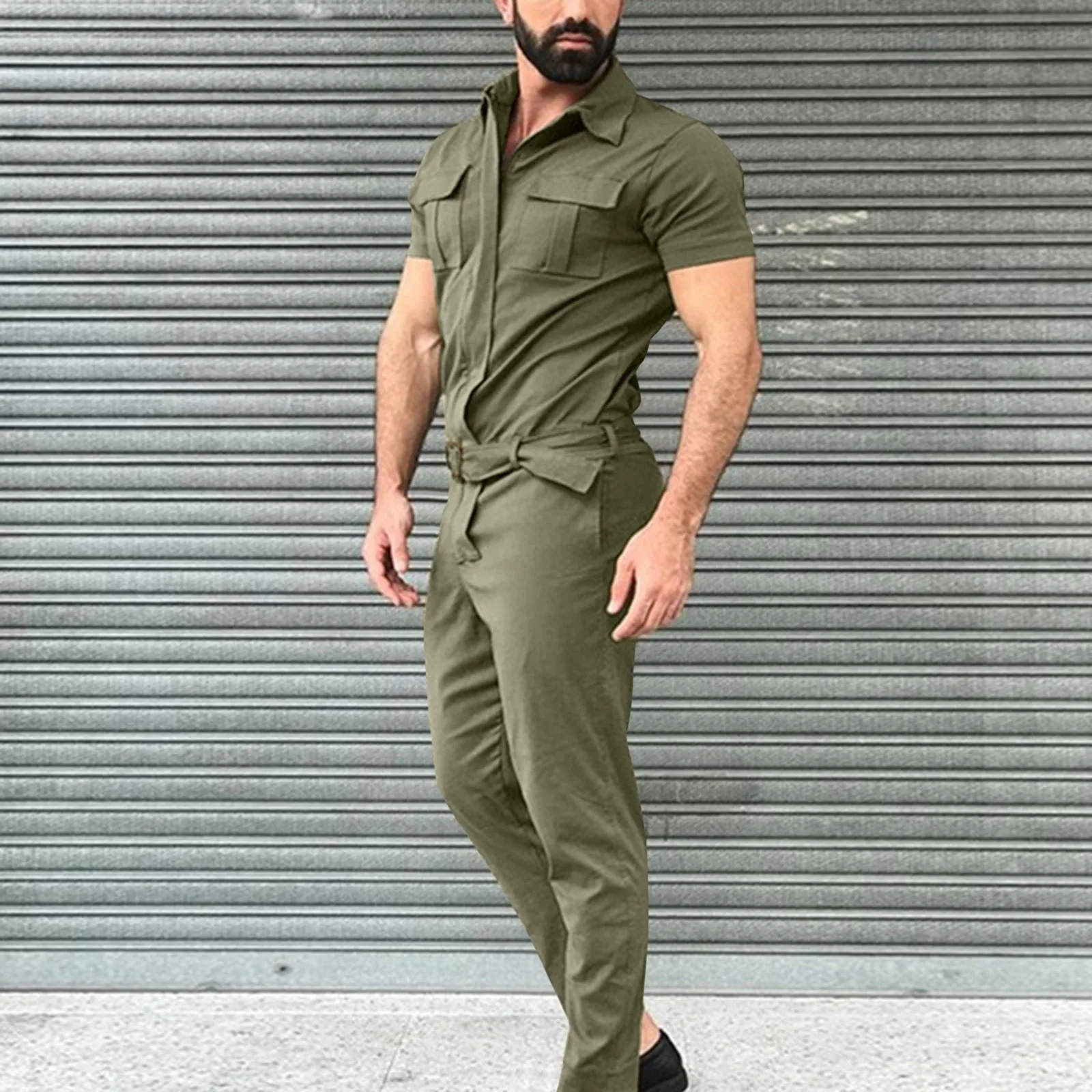 

‌Men's Casual Jumpsuit Belted Utility Overalls Fall 2025 Workwear Outfit Durable Coverall Pants Autumn Working Uniform