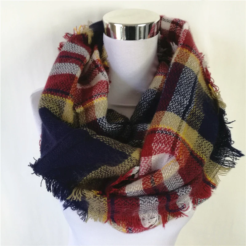 New Fashion Plaid Blanket Scarf Neck Warmer Acrylic Loop Scarf Popular Winter Snood Tartan Women Infinity Scarf