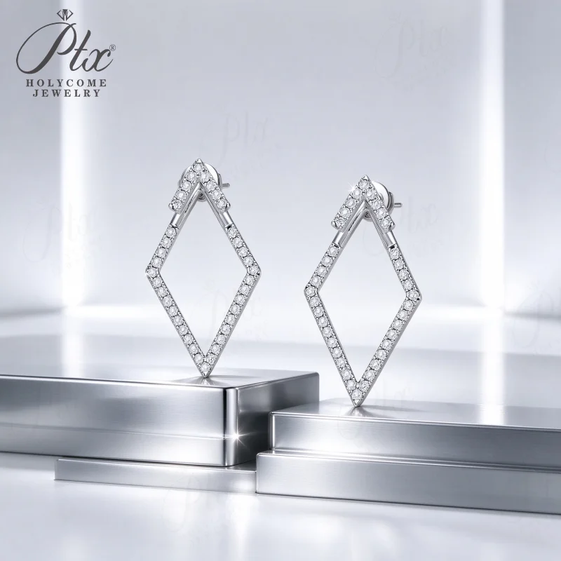 Moissanite Rhombus Stud Earrings for Women GRA Certificate 925 Sterling Silver Imitation Diamond Ear Jewelry Daily Commute Wear