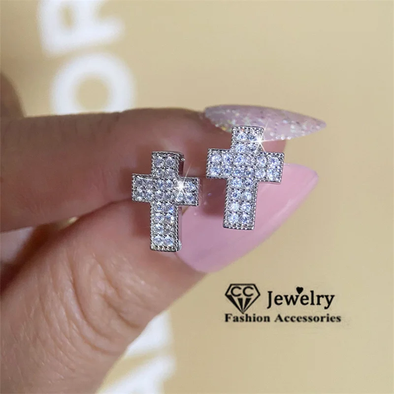 CC Cross Stud Earrings for Women 925 Silver Needle White Gold Plated Religious Accessories Ears Brincos Fashion Jewelry CCE670