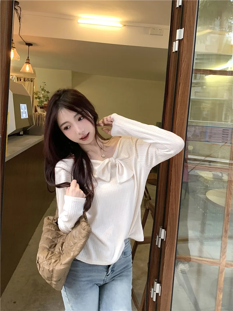 Camiseta de Manga Larga Ajustada para Mujer, Nueva, Color Puro, Capa Base, Estilo Coreano, para el Trabajo, de Fibra de Poliéster