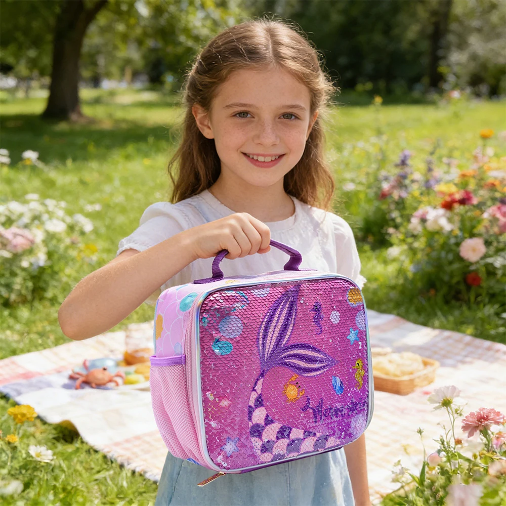 

Детская сумка-тоут BLING BABIES, сумка для обеда, двусторонний дизайн с пайетками Pink Mermaid, подходит для переноски еды