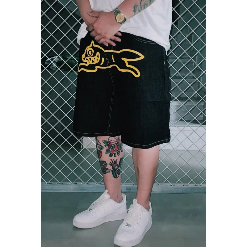 Y2K Hip Hop Baggy Jeans Shorts para homens e mulheres, Tendência Gótica Preta, Harajuku Americano, Estampa Casual, Streetwear, Sweatpant