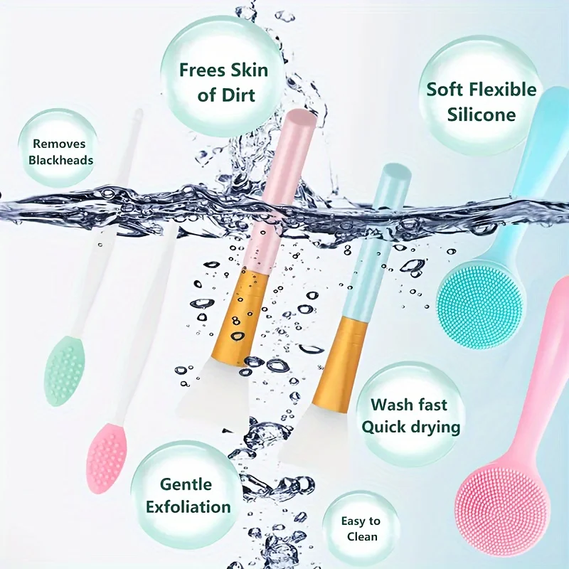 Conjunto de escova de limpeza facial manual de silicone, 6 peças, remoção de cravo para limpeza profunda e esfoliação suave, aplicador de máscara facial
