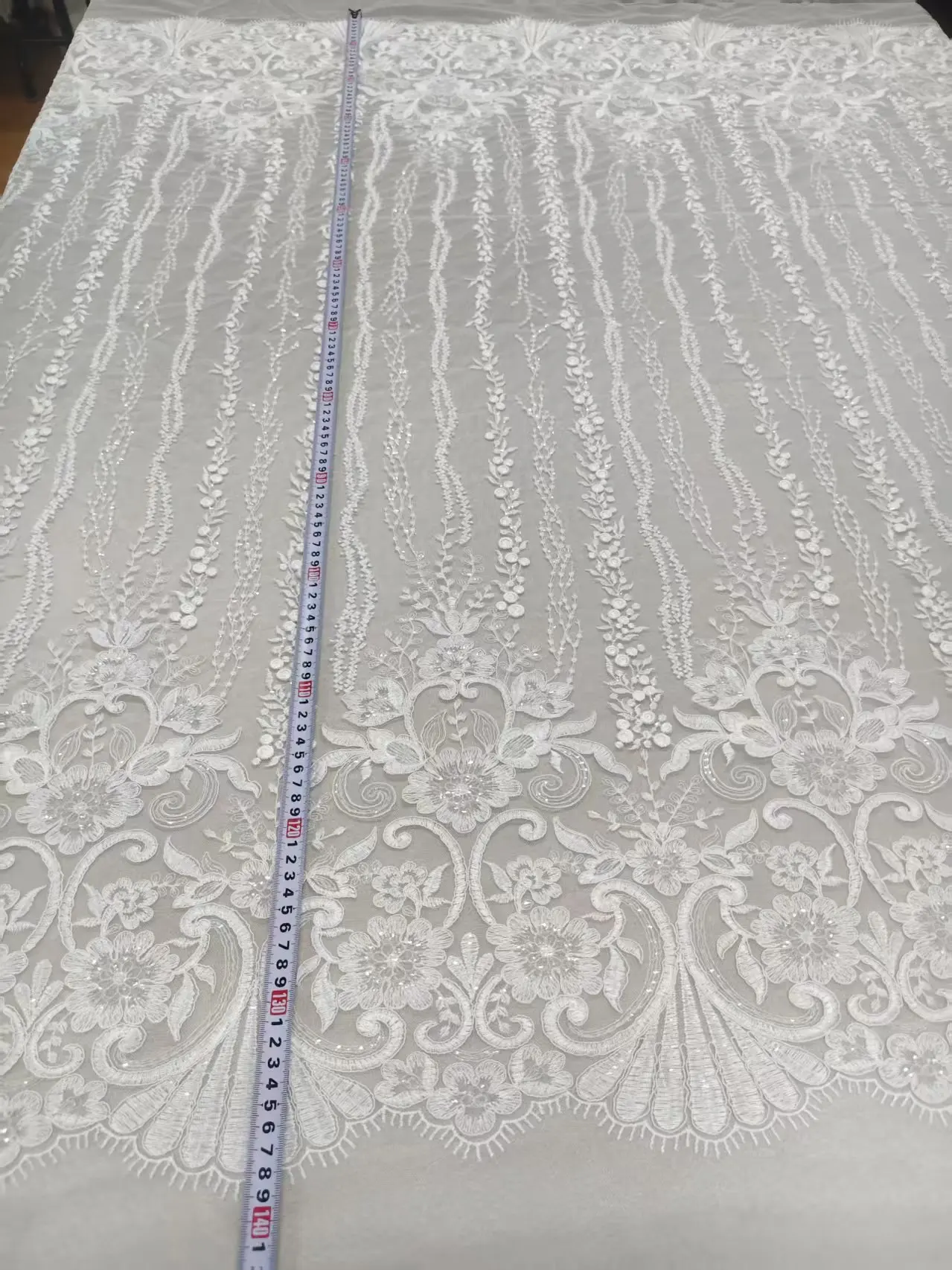 Ivory Sequin Corded Embroidery Lace Fabric for Bridal Wedding Dress Gown