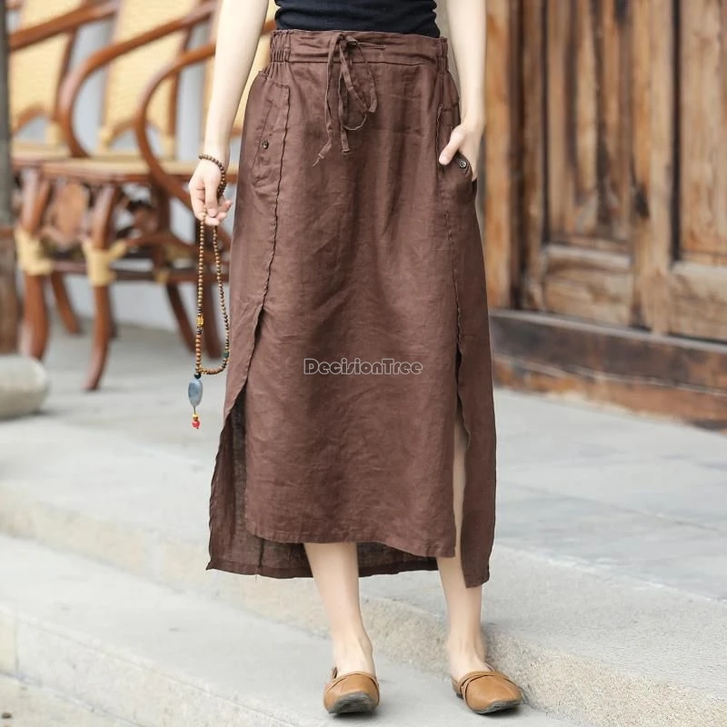 2024 retro chinese cotton hemp skirt female spring summer long elastic high waist loose casual half skirt female long skirt w338