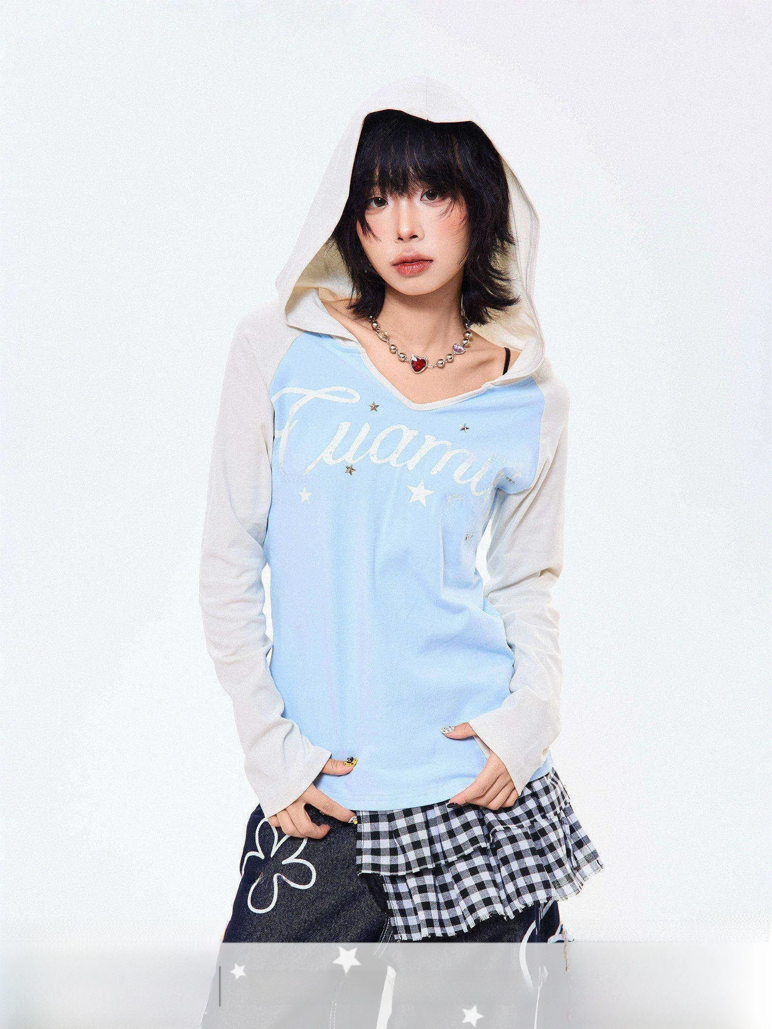 

MIKYO American Retro Letter Splice Long Sve Hoodie T-irt Women's Slim Fit Sport Casual Base irt Top Cotton Lycra