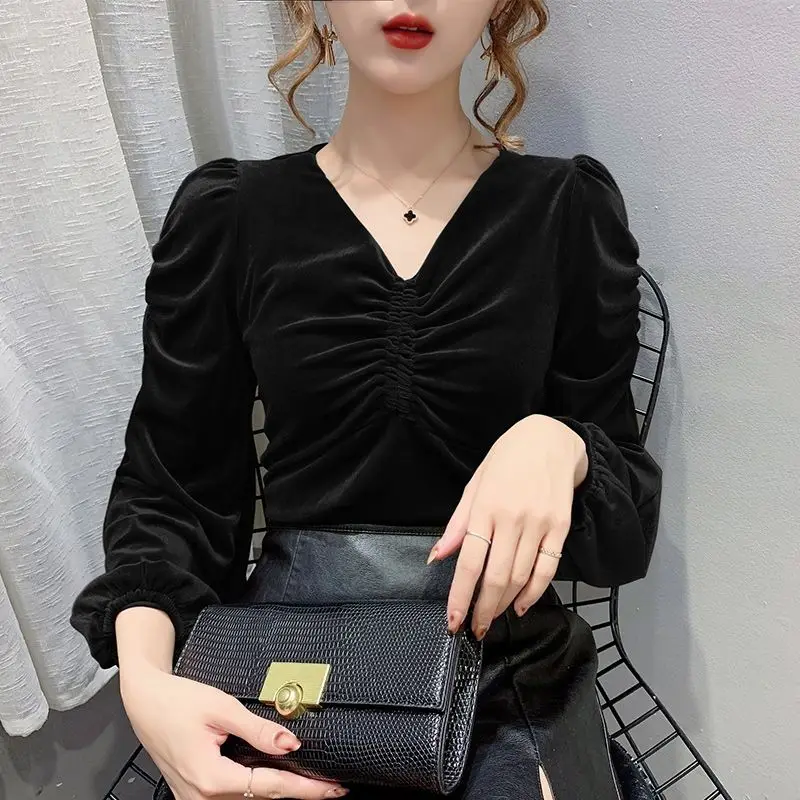 

Long Sleeve Pleated V Neck Solid Office Tops Spring Autumn Slim Simplicity All-match Fashion T Shirts Casual Trend Women Clothes