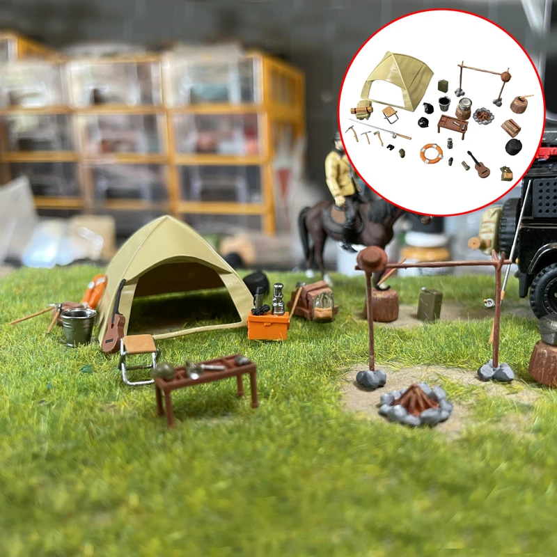 1/64 Schaal Miniatuur Wild Camping Scène Statisch Model Tent Campingtafel Kruk Kampvuur 3D Gedrukt Simulatie Decoratief Ornament