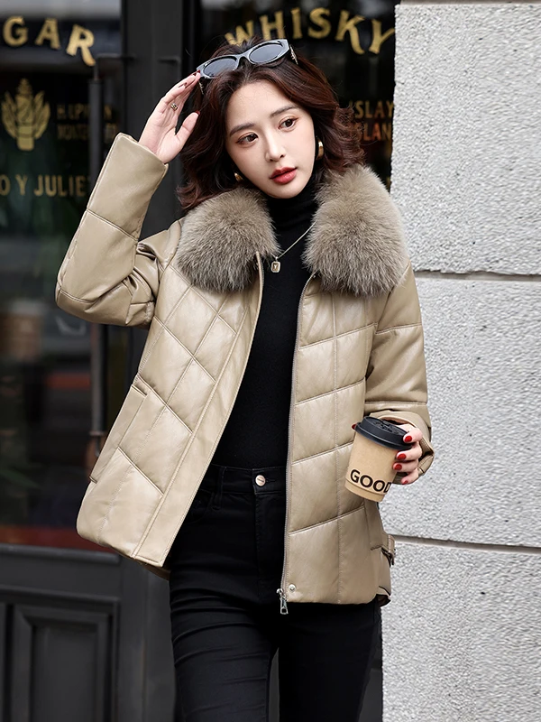 

Женская теплая куртка Haining из натуральной кожи с меховым воротником и отделкой из меха, на молнии