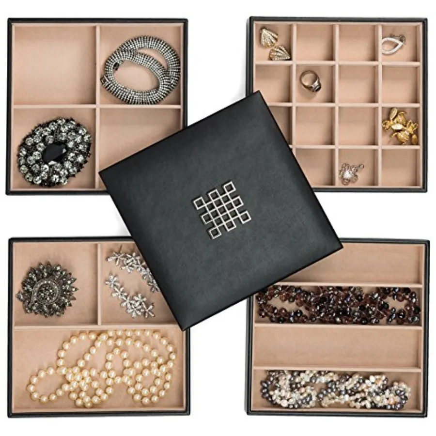 

Jewelry Organizer Tray - 4 Stackable Trays and Lid with Mirror - 27 Slot Storage for Drawer Dresser - Black